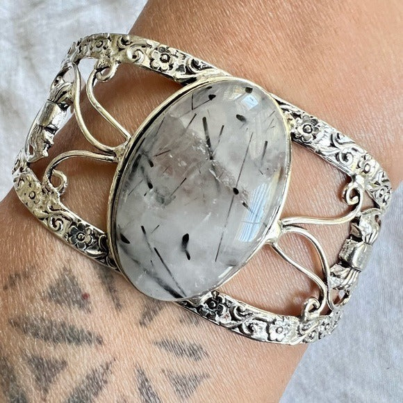 925 Yin Yang Tourmalated Cuff Bracelet