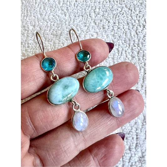925 Spiritual HARMONY Larimar, Swiss Topaz + Flash Moonstone Earrings