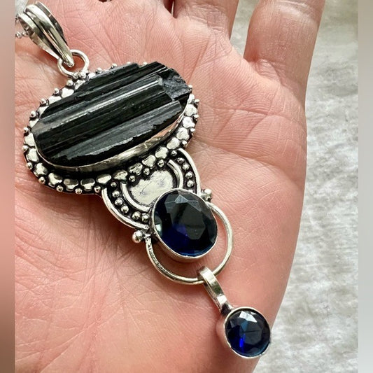 925 Gorgeous! Ornate RAW Black Tourmaline + Tanzanite Pendant Necklace