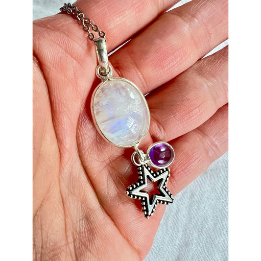925 STAR Rainbow Flash Moonstone + Amethyst Pendant Necklace