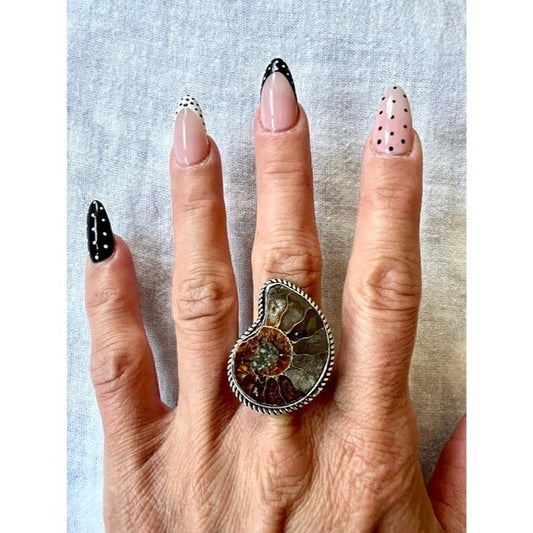 925 AMMONITE Fossil Past Lives Ring 7.5