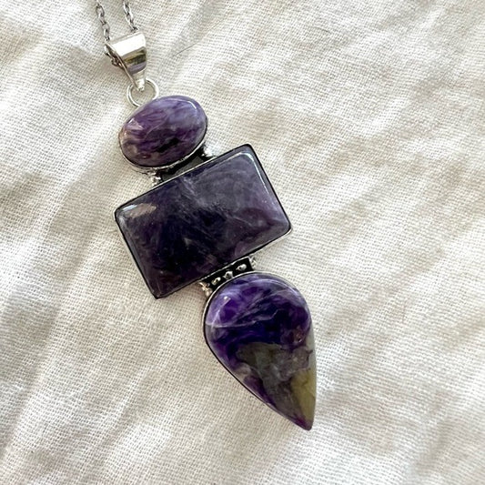 925 Third Eye Triple Charoite Pendant Necklace