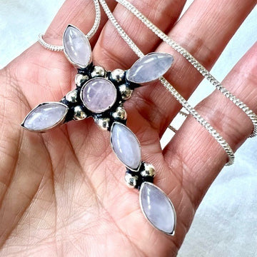 925 Eternal LOVE Rose Quartz Cross Pendant Necklace