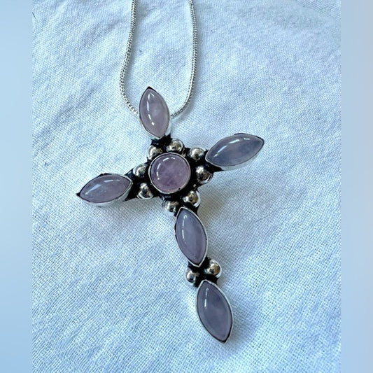 925 Eternal LOVE Rose Quartz Cross Pendant Necklace