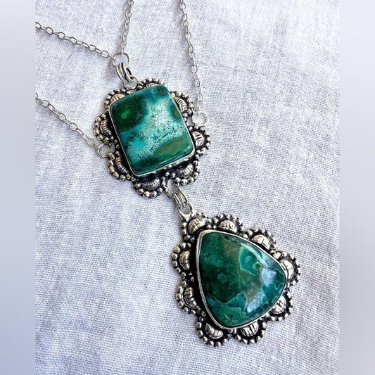 925 WOW! Vintage Style Double Malachite Chrysocolla Cleavage Necklace