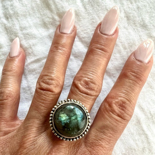 925 Flash Labradorite Globe Ring 10.75