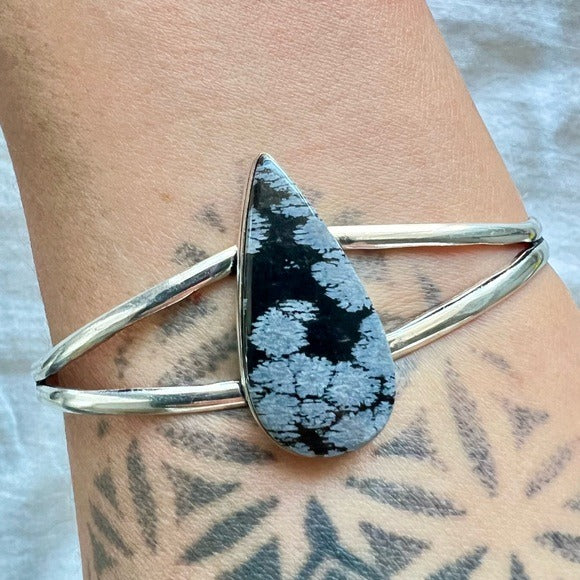 925 GORGEOUS Snowflake Obsidian Cuff Bangle Bracelet