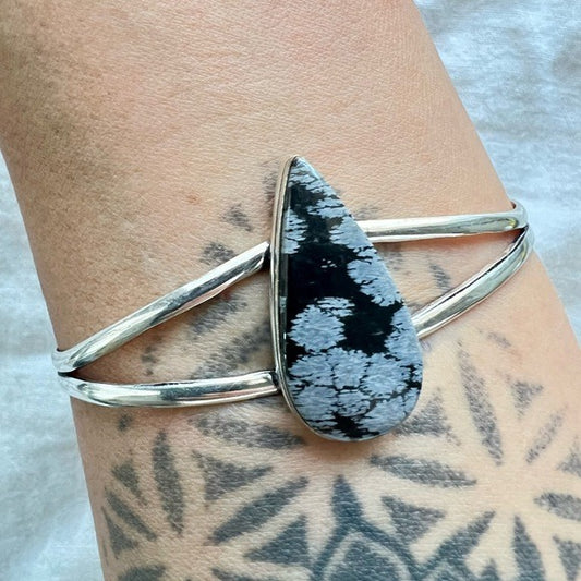 925 GORGEOUS Snowflake Obsidian Cuff Bangle Bracelet
