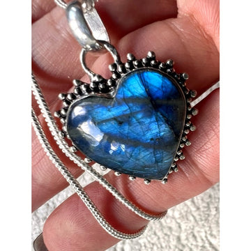 925 Blue Tempest Flash Labradorite ❤️ Heart Pendant Necklace