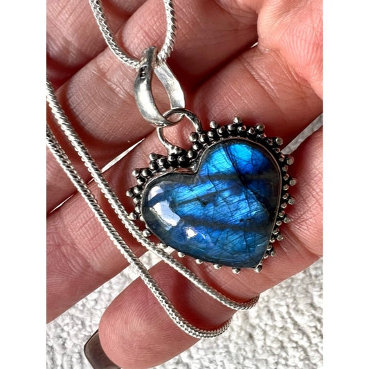 925 Blue Tempest Flash Labradorite ❤️ Heart Pendant Necklace