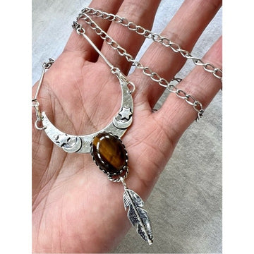 925 Boho TIGERS EYE Moon + Star + Feather Necklace