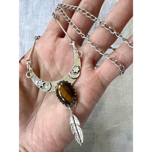 925 Boho TIGERS EYE Moon + Star + Feather Necklace