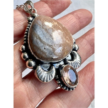 925 Cacao Moon Chocolate Moonstone + Morganite Pendant Necklace