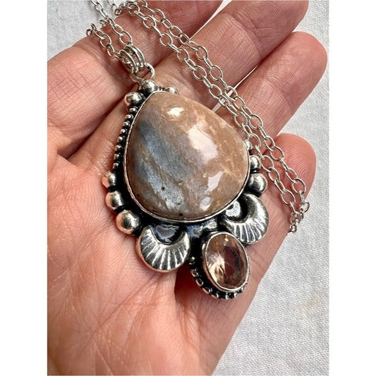 925 Cacao Moon Chocolate Moonstone + Morganite Pendant Necklace