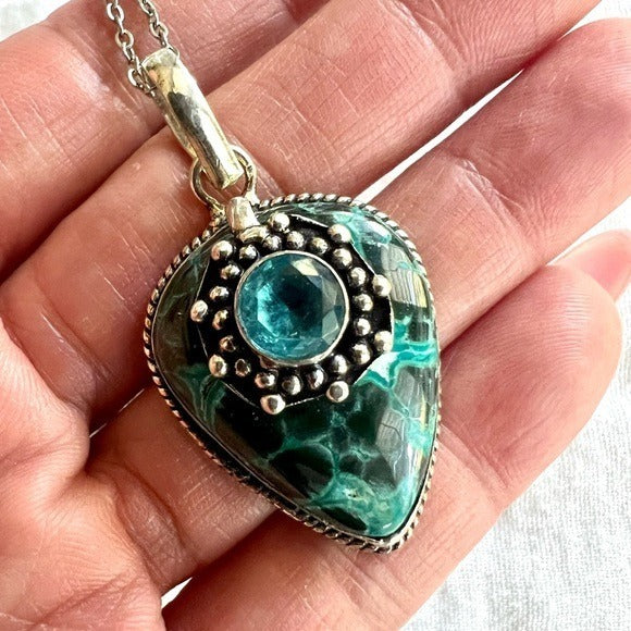 925 WOW! Gorgeous Chrysocolla + Blue Topaz Pendant Necklace
