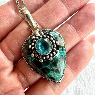 925 WOW! Gorgeous Chrysocolla + Blue Topaz Pendant Necklace