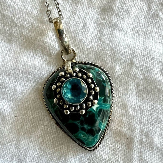 925 WOW! Gorgeous Chrysocolla + Blue Topaz Pendant Necklace