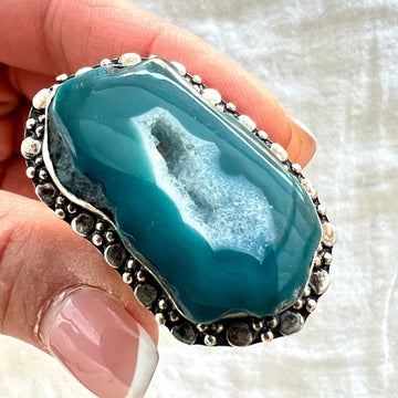 925 Blue Agate Ring w/ Micro Quartz Crystals! 9.5