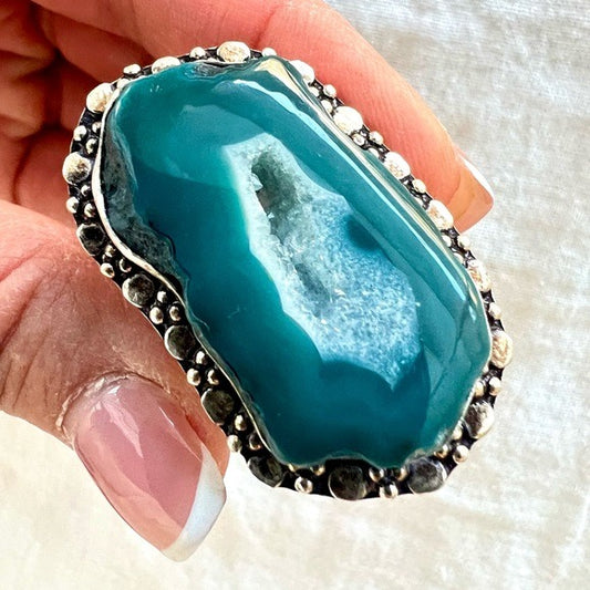 925 Blue Agate Ring w/ Micro Quartz Crystals! 9.5