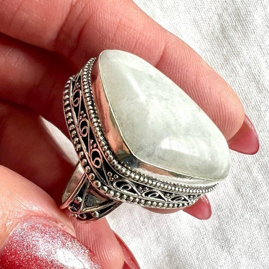 925 Stunning Geometric Chunky Rainbow Moonstone Ring 9.5