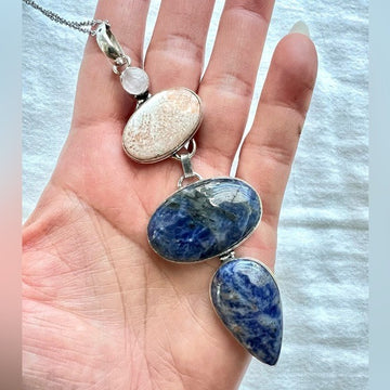 925 MASSIVE! Lapis Lazuli + Scolecite + Rose Quartz Pendant Necklace