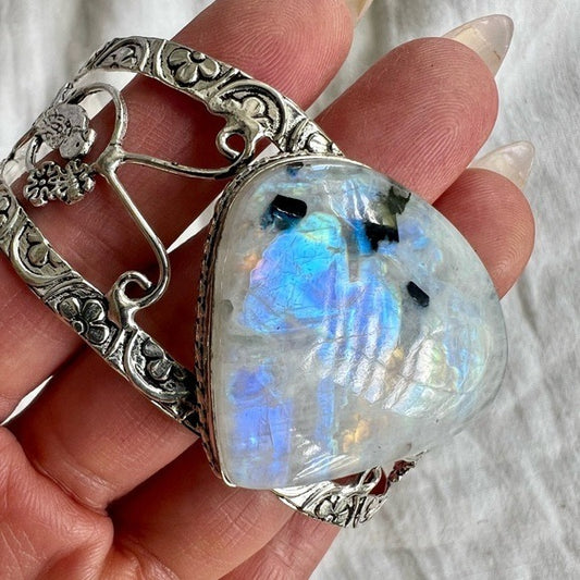 925 WOW WOW! Electric Flash Rainbow Moonstone w/ Blk Tourmaline Cuff Bracelet