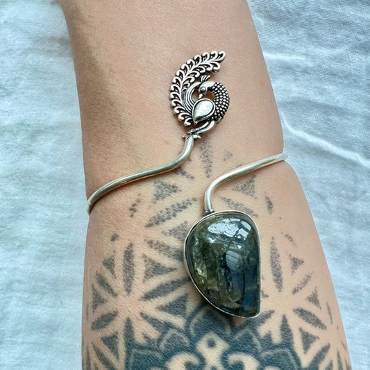 925 Rainbow Flash Labradorite Adjustable Bangle Bracelet Cuff