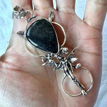 925 Mystic FAIRY OBSIDIAN Shine Large Pendant Necklace