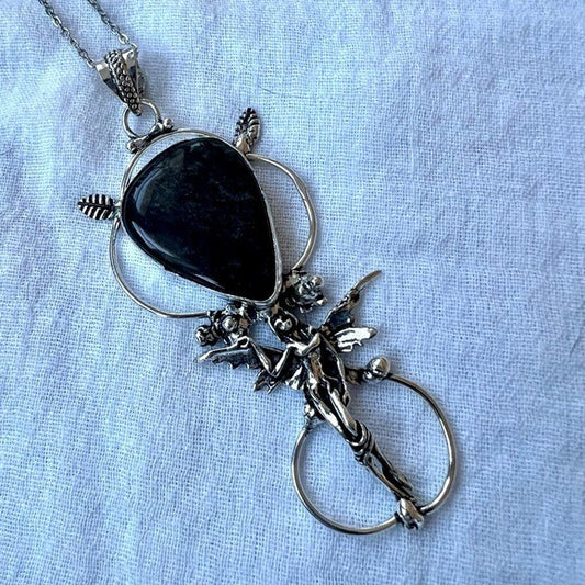 925 Mystic FAIRY OBSIDIAN Shine Large Pendant Necklace