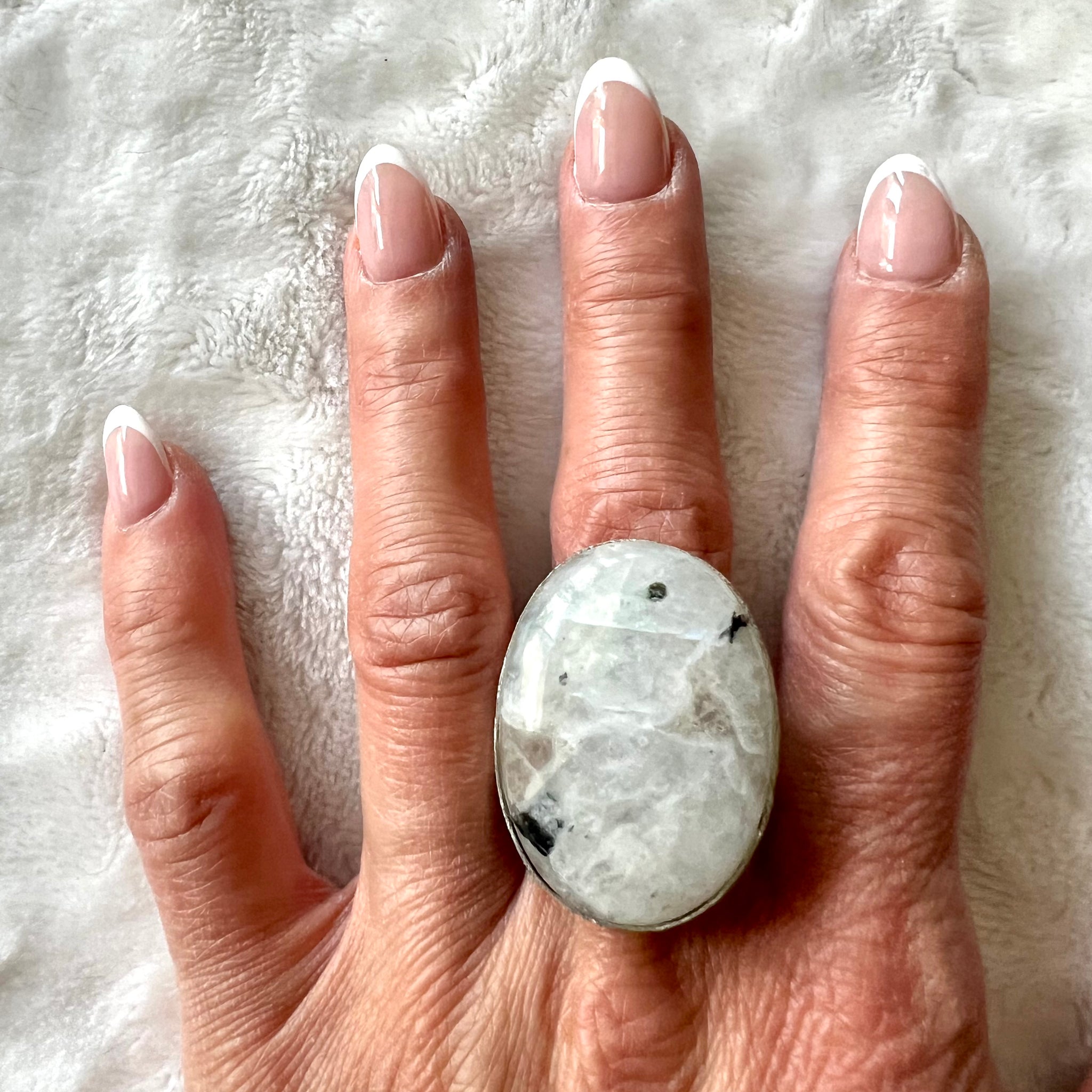 925 NATURAL Huge! Rainbow Moonstone w/ Black Tourmaline Ring - adjustable