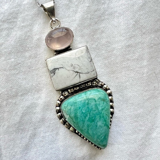 925 * FLAW* Rose Quartz + Howlite + Amazonite Necklace Pendant