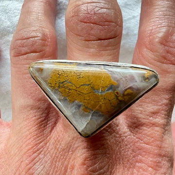 925 Huge Yellow Moss Agate Geometric Ring 7.75