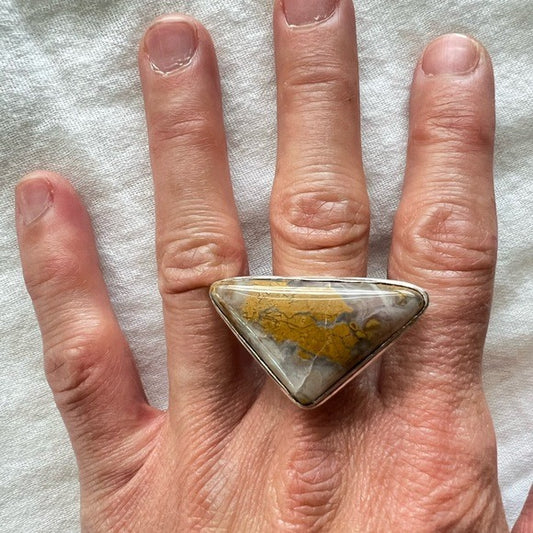 925 Huge Yellow Moss Agate Geometric Ring 7.75