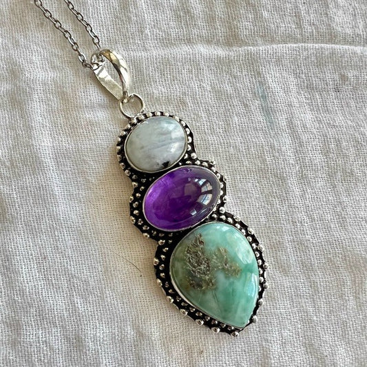925 Ethereal Moonstone + Amethyst + Larimar Pendant Necklace