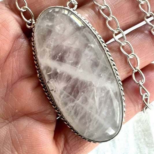 925 Polished Rose Quartz Pendant Necklace