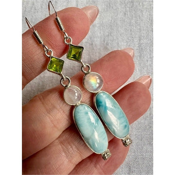 925 WOW! Larimar + Flash Moonstone + Peridot Dainty Long Earrings!