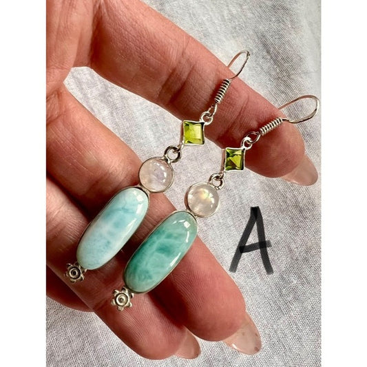 925 WOW! Larimar + Flash Moonstone + Peridot Dainty Long Earrings!