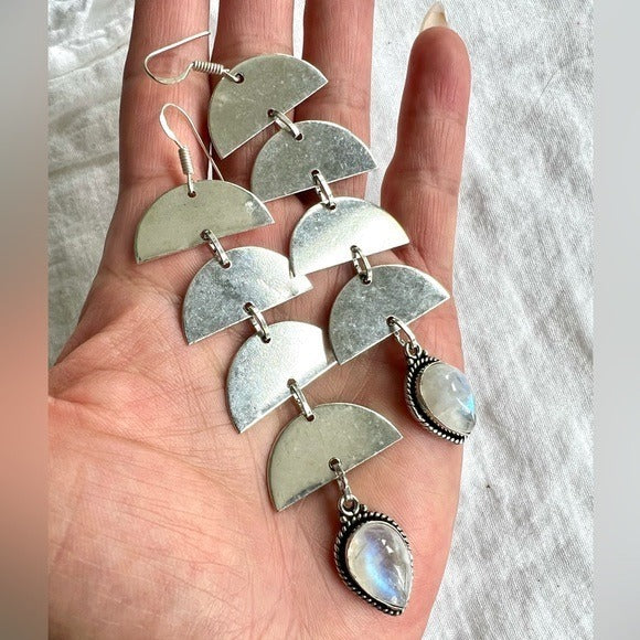 925 Half Moon Long Dangly Rainbow FLASH MOONSTONE! Earrings