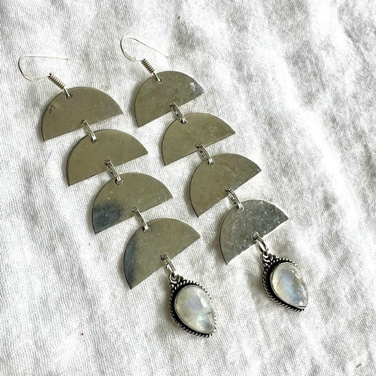 925 Half Moon Long Dangly Rainbow FLASH MOONSTONE! Earrings