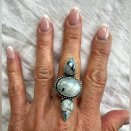 925 GORGEOUS Rainbow Flash Moonstone + Black Tourmaline Ring 7