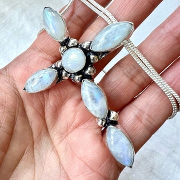 925 Majestic! Rainbow Flash Moonstone Cross Pendant Necklace