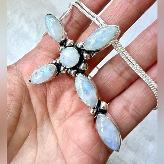 925 Majestic! Rainbow Flash Moonstone Cross Pendant Necklace
