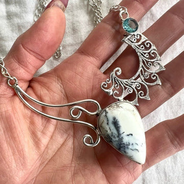 925 GORGEOUS Dendritic Agate + Swiss Topaz Necklace Pendant