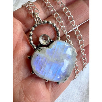 925 WOW WOW! Brilliant Blue Flash ❤️ Rainbow Moonstone Pendant Necklace