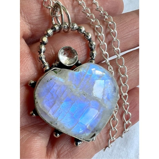 925 WOW WOW! Brilliant Blue Flash ❤️ Rainbow Moonstone Pendant Necklace