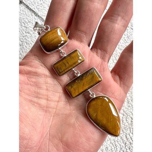925 Power Stone Tigers Eye Long Cleavage Pendant Necklace