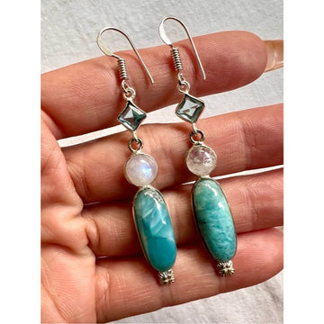 925 🩵 Caribbean Larimar + Moonstone + Swiss Topaz! Earrings