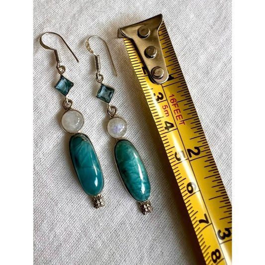 925 🩵 Caribbean Larimar + Moonstone + Swiss Topaz! Earrings