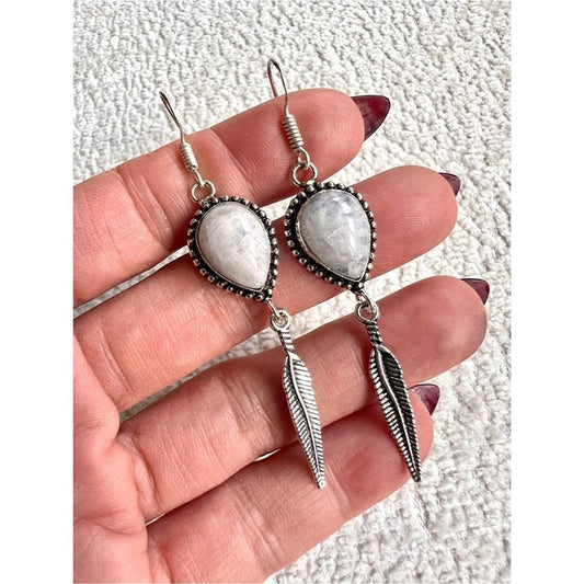 925 Bohemian Moonstone Feather Earrings