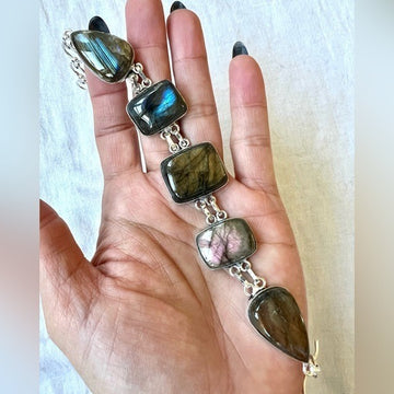 925 Pink Purple Blue + Gold FLASH Labradorite Bracelet